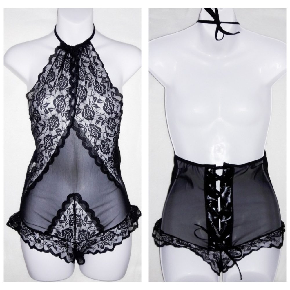 Sheer Black Rose Lace Mesh Stretch Halter Bodysuit - Picture 2 of 6